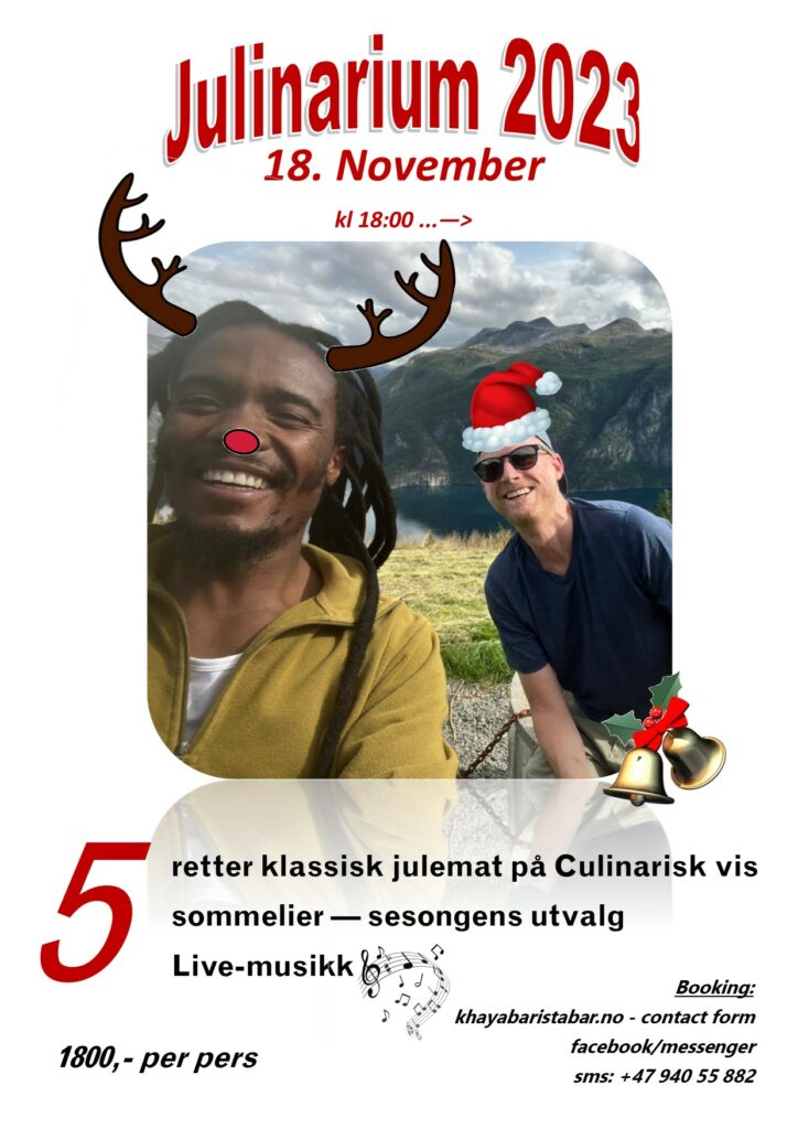 Plakat for Valldal Julinarium 2023, 5-retters julemeny med sesongens vinutvalg